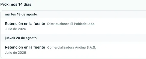 Banda «Próximos 14 días» del calendario de Facik: retención en la fuente de dos empresas distintas con su fecha de vencimiento